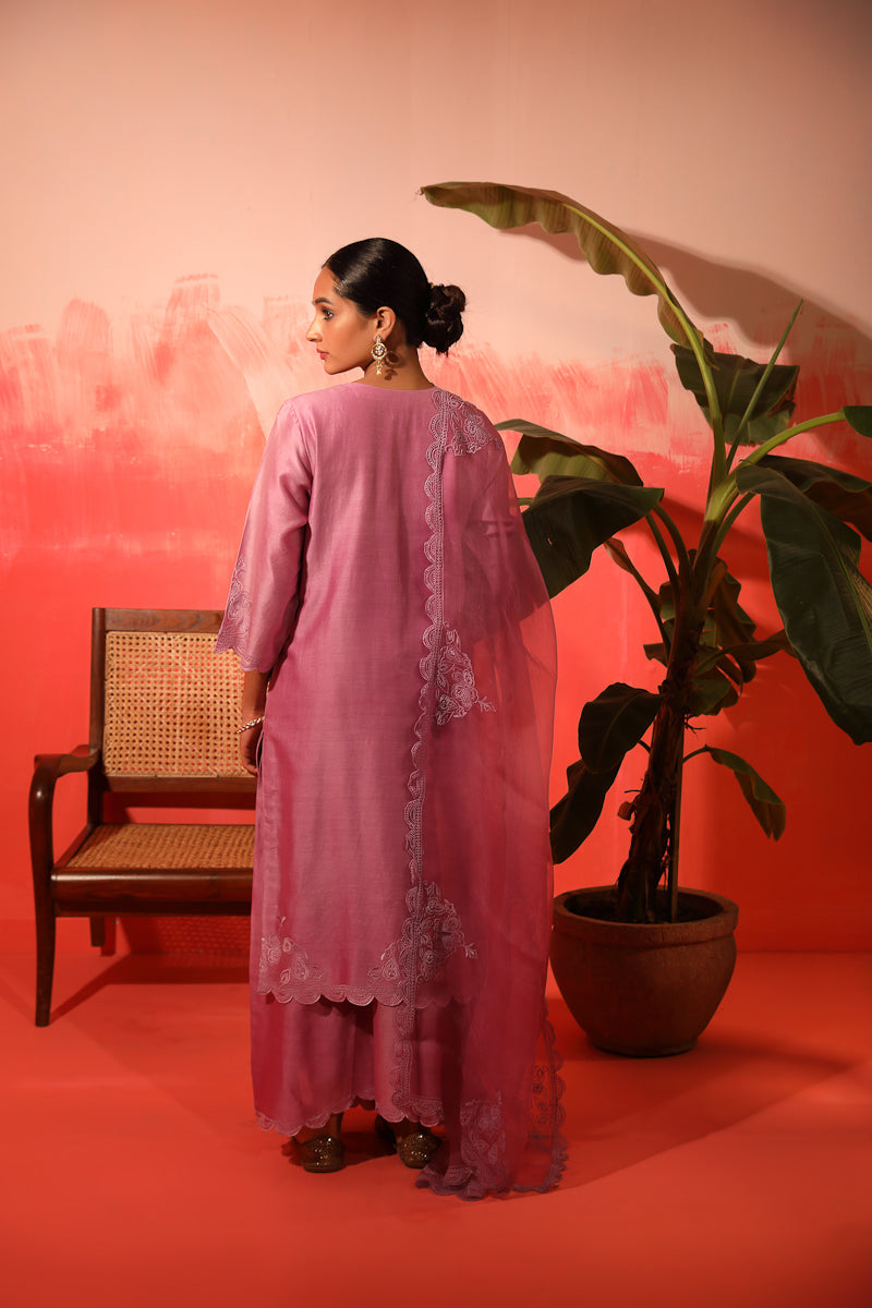 Mauve Pure Silk Chanderi Kurta Set