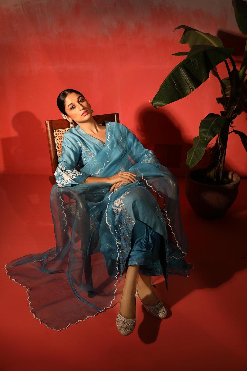 Powder Blue Silk Chanderi Kurta Set