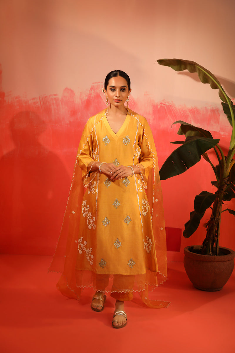 Mustard Yellow Silk Chanderi Kurta Set