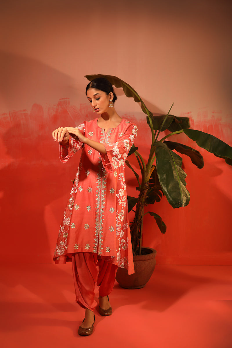 Rust Orange Pure Silk Kurta With Salwar Set