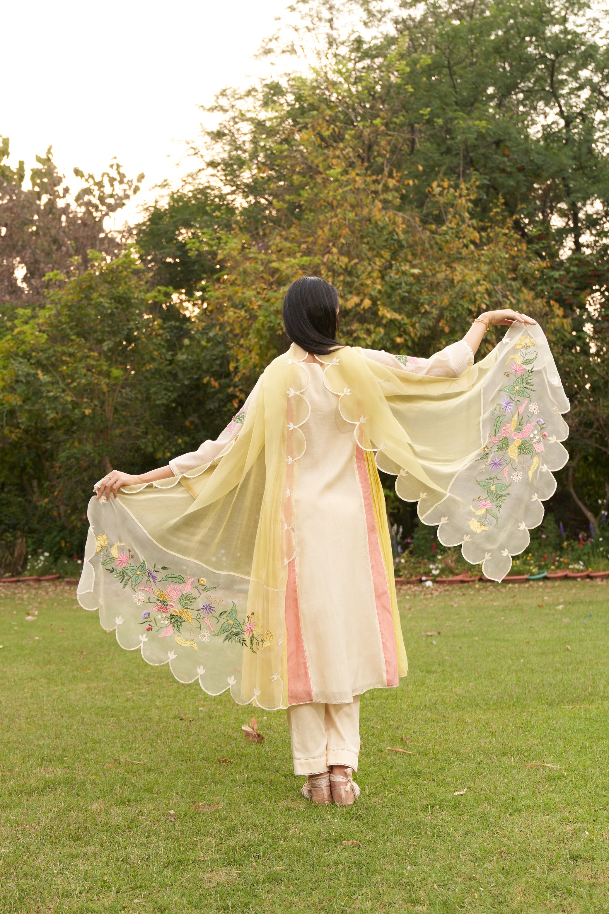 Lemon Beige Embroidered Colour Block Organza Dupatta