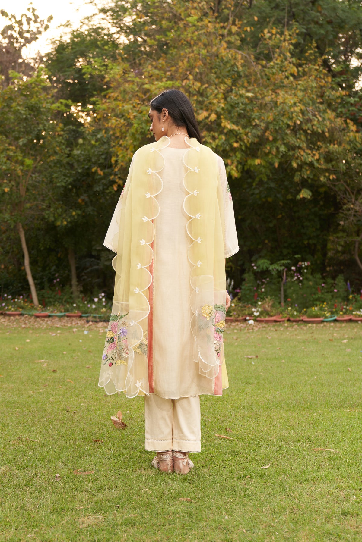 Lemon Beige Embroidered Colour Block Organza Dupatta