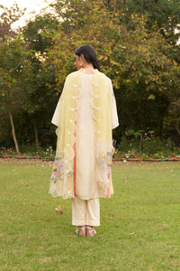 Lemon Beige Embroidered Colour Block Organza Dupatta