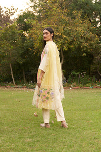 Lemon Beige Embroidered Colour Block Organza Dupatta