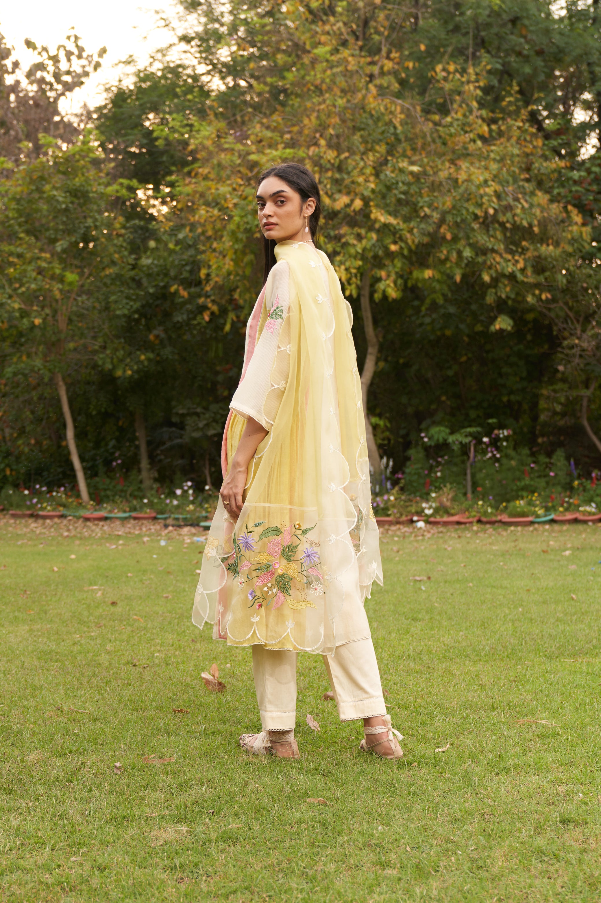 Lemon Beige Embroidered Colour Block Organza Dupatta