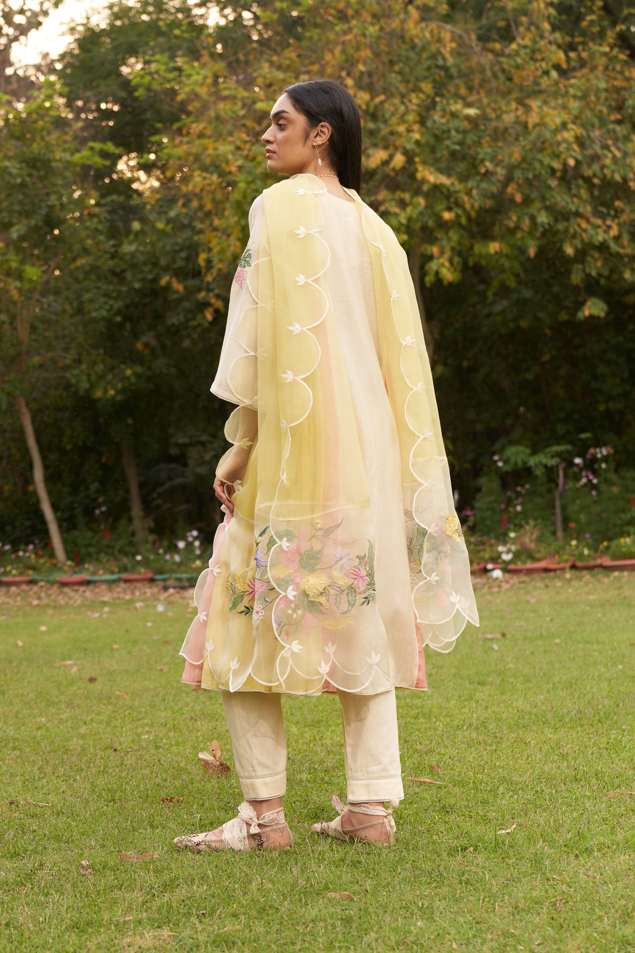 Lemon Beige Embroidered Colour Block Organza Dupatta