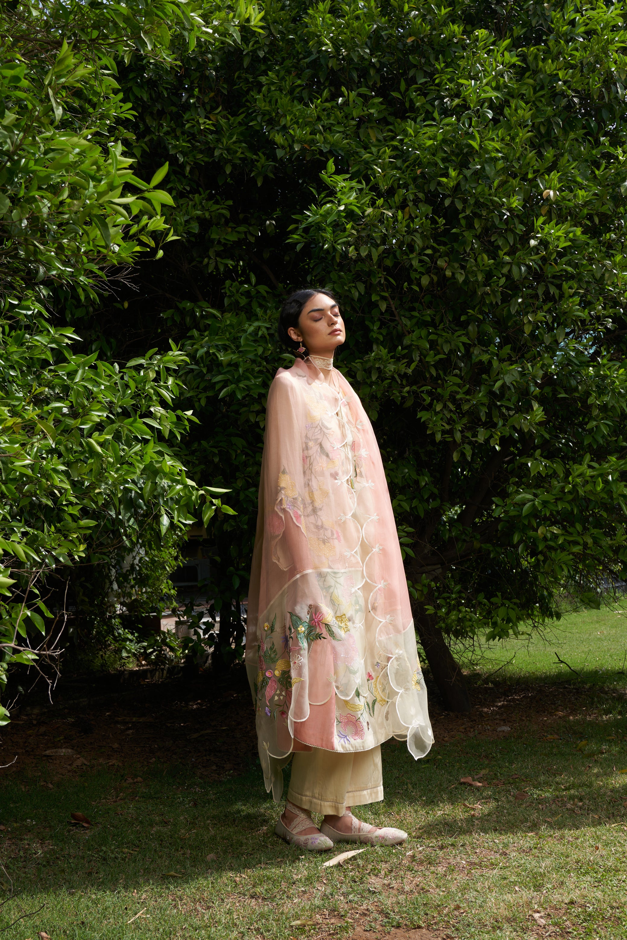 Peach Beige Colour Block Embroidered Organza Dupatta