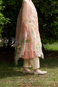 Peach Beige Colour Block Embroidered Organza Dupatta